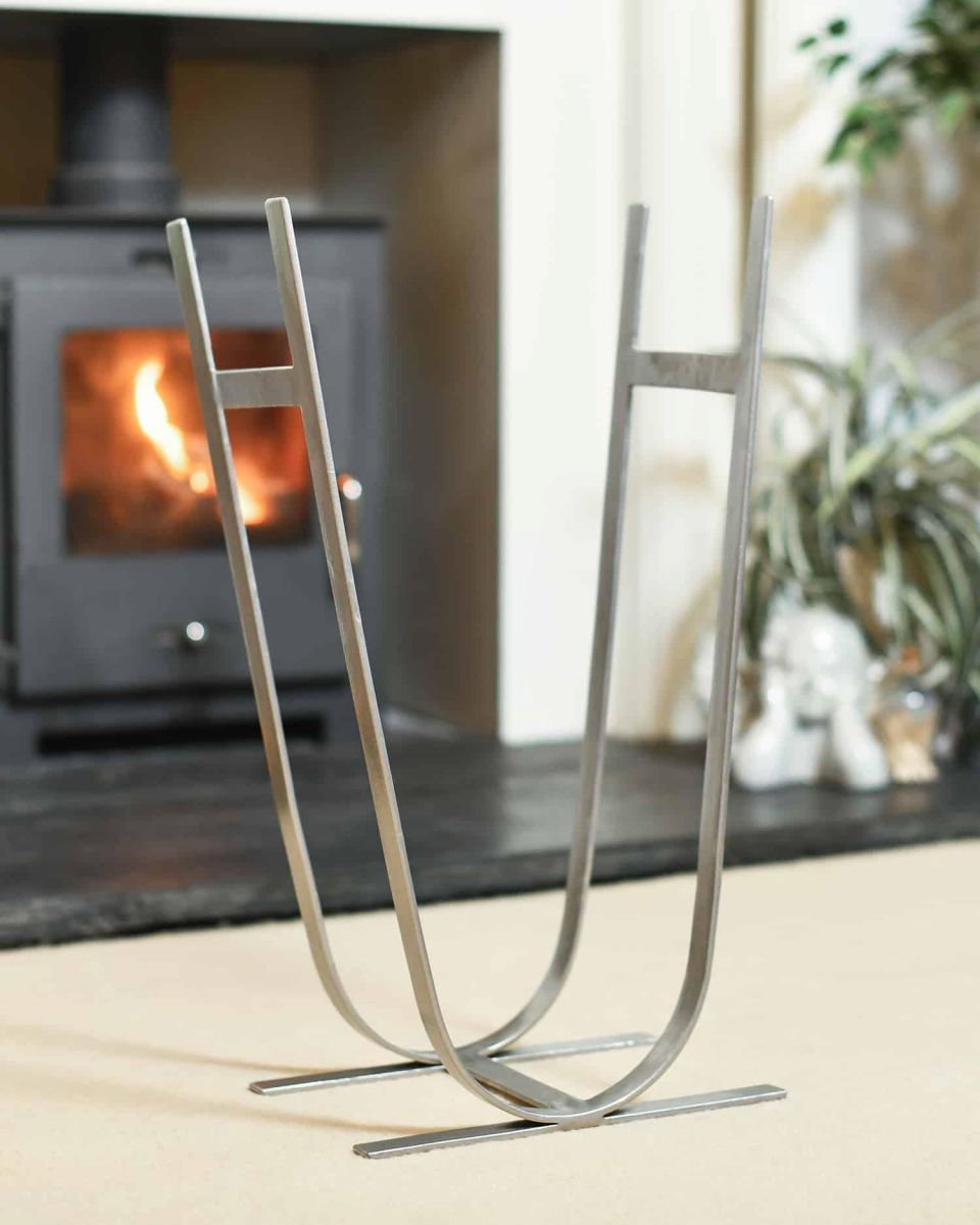 Empty Minimalistic Antique Pewter Log Rack & Holder 