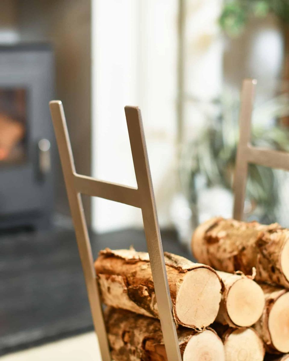 Close-Up of Minimalistic Antique Pewter Log Rack & Holder 