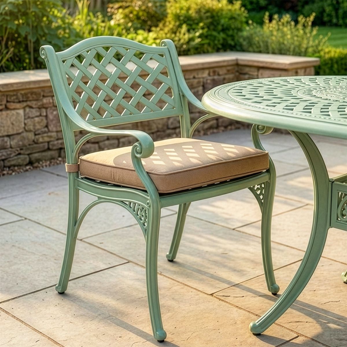 Mint Green "Montacute" Six Seater Garden Table & Chair Set Digital illustration Dressed Table Chair Close Up