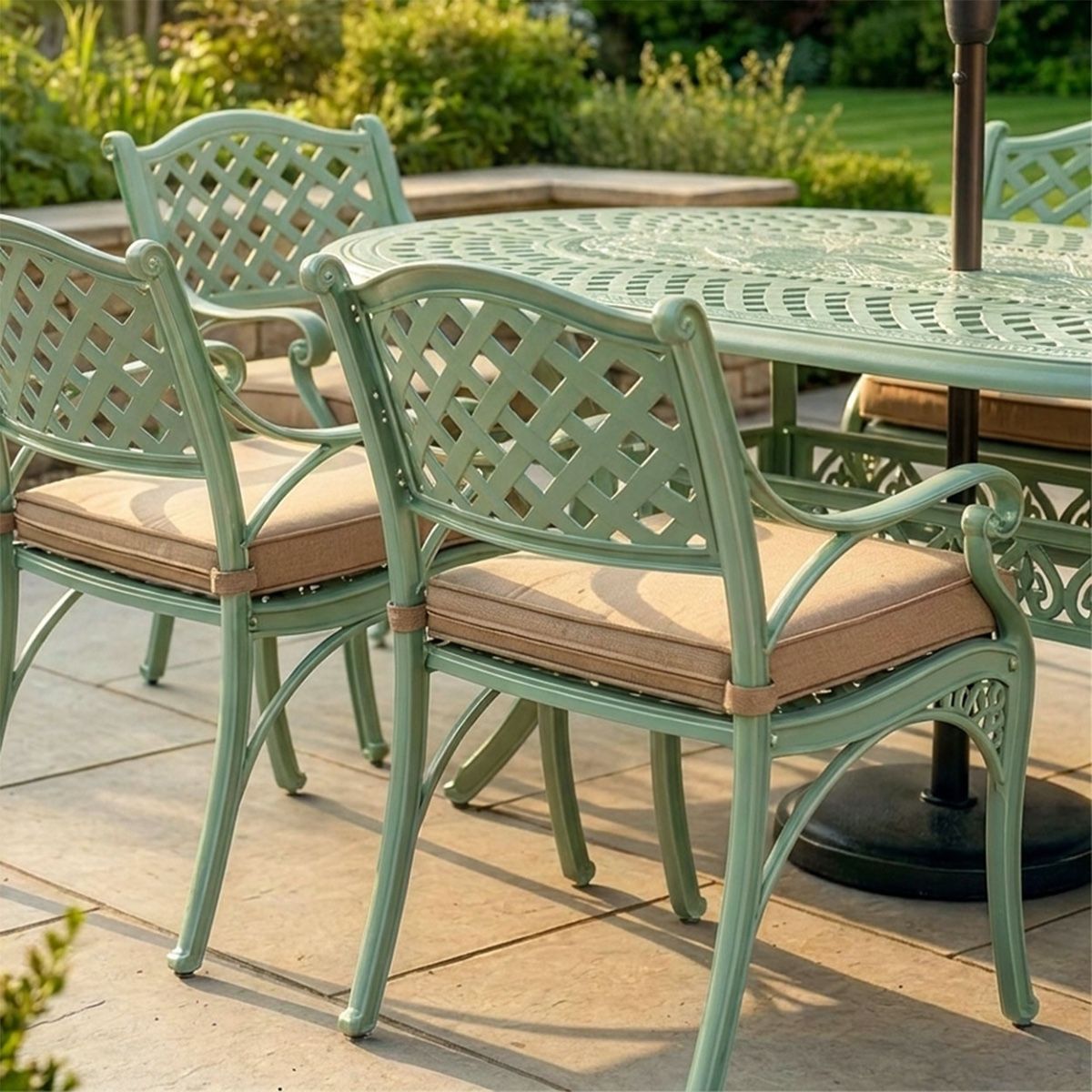 Mint Green "Montacute" Six Seater Garden Table & Chair Set Digital illustration Dressed Table Chair back Close Up