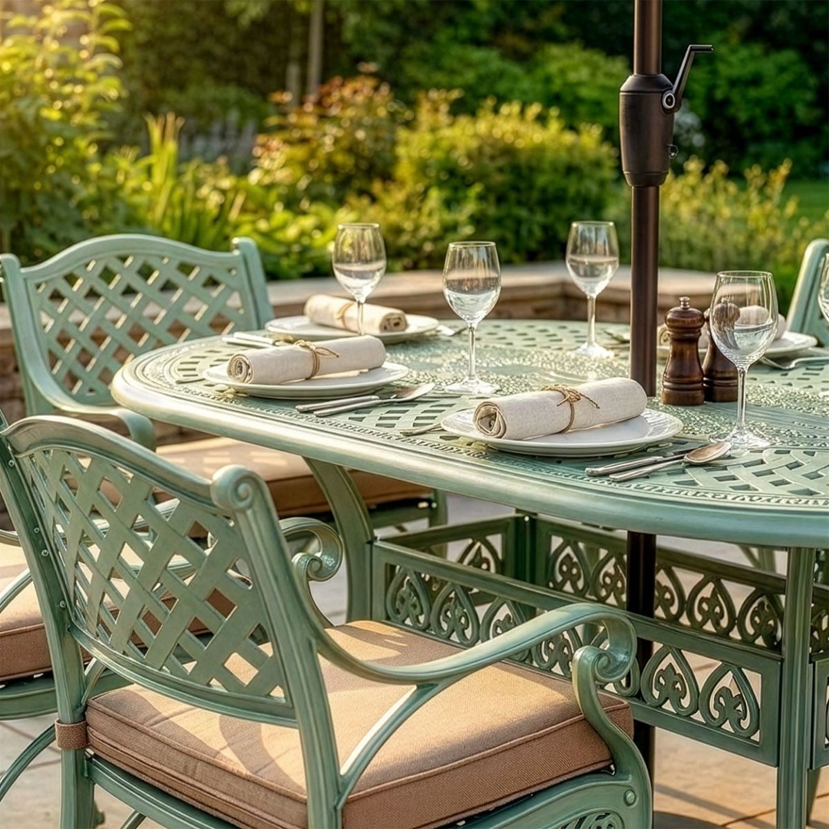 Mint Green "Montacute" Six Seater Garden Table & Chair Set Digital illustration Dressed Table Close up
