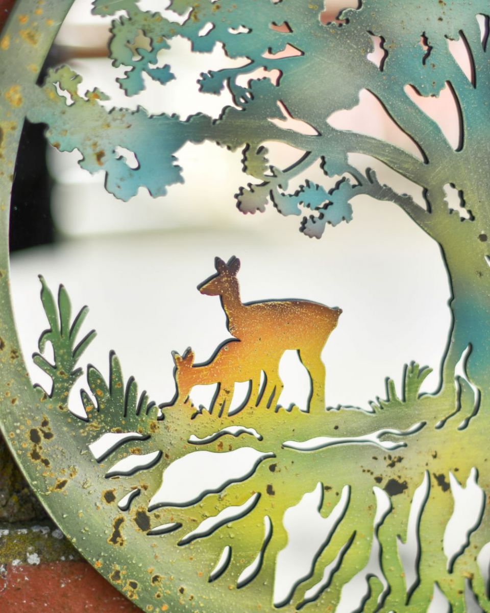 Close up of Mirrored Rustic Deer Under Tree Wall Art grazing deer