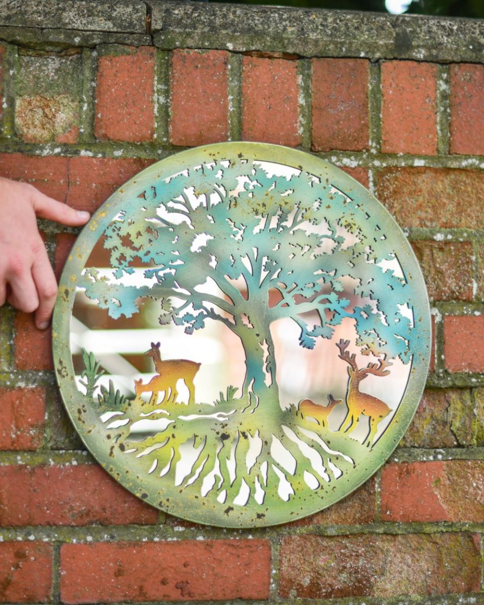 Scale image of Mirrored Rustic Deer Under Tree Wall Art