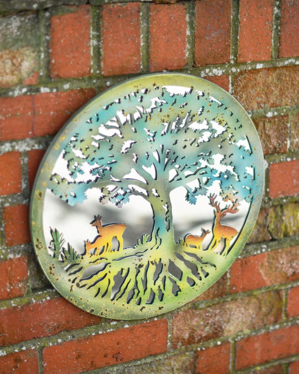Mirrored Rustic Deer Under Tree Wall Art Three Quarter View