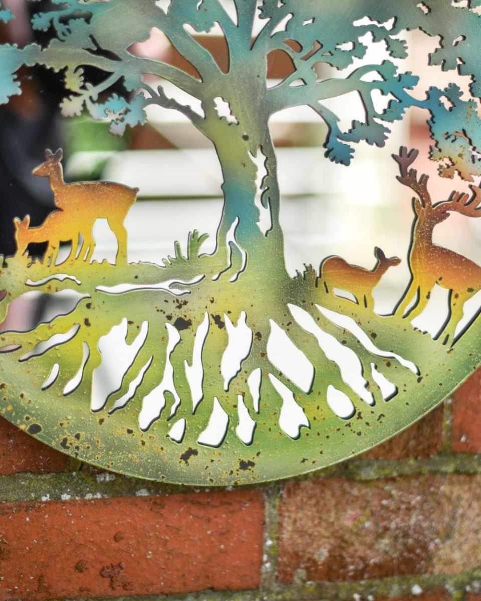Close up of Mirrored Rustic Deer Under Tree Wall Art tree
