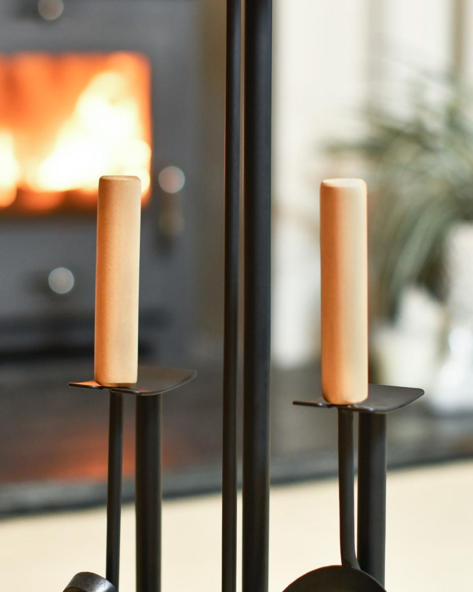 Close Up Of Modern "Asher" Fireside Companion Set Handles