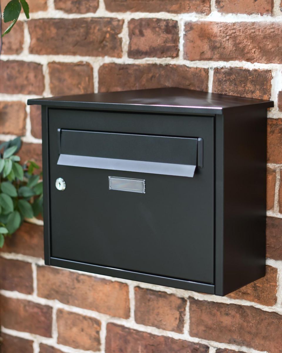 Modern Black Steel Front Opening Wall Mounted Post Box with Lock in Situ
