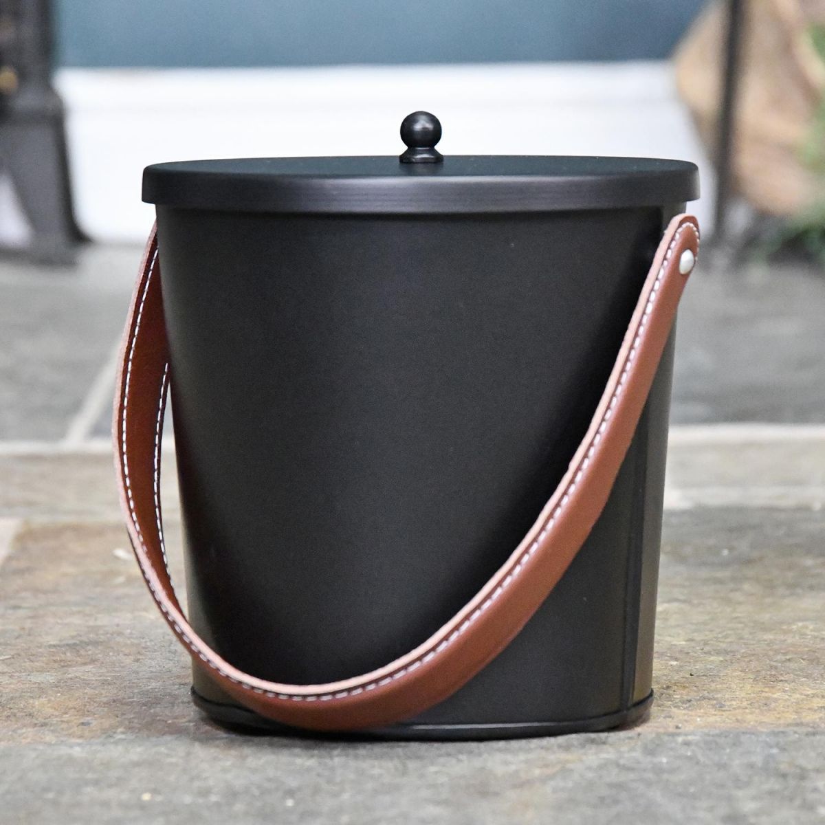 Modern Ash Bucket Finished in Black with Leather Handle