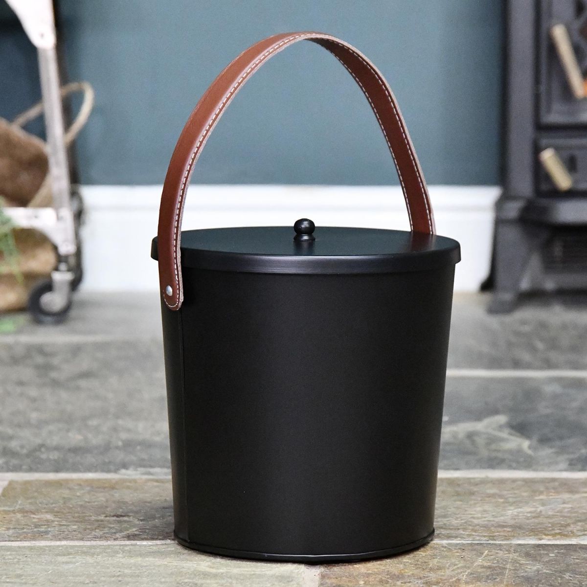 Modern Ash Bucket Finished in Black with Leather Handle