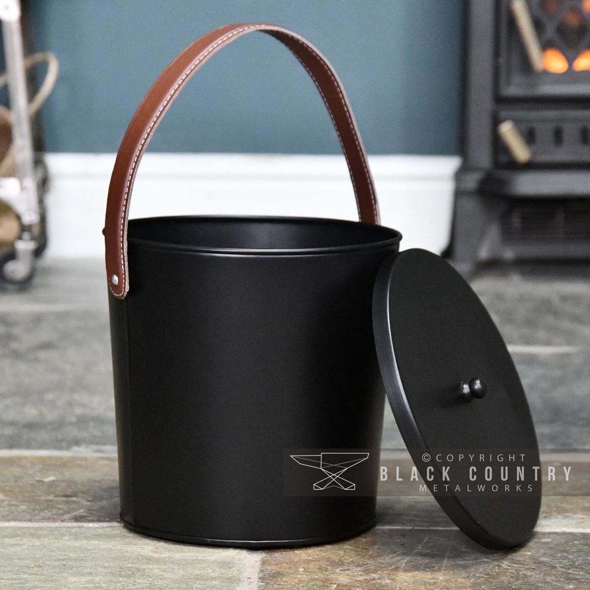 Modern Black With Leather Handle Ash Bucket with Removable Lid