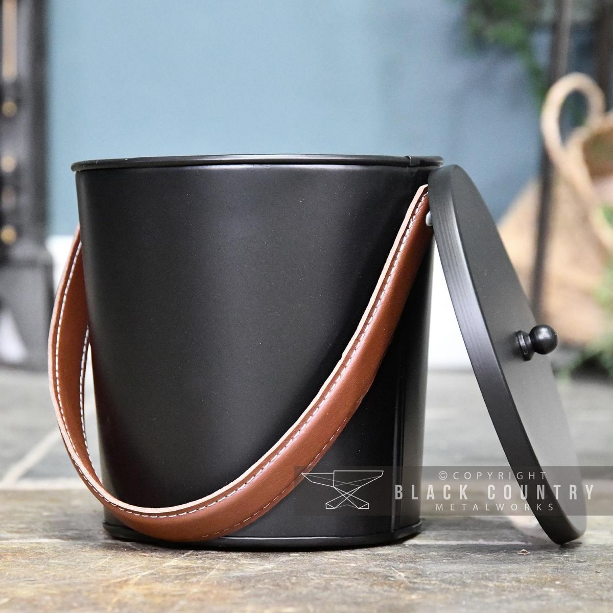 Modern Black With Leather Handle Ash Bucket with removable Lid