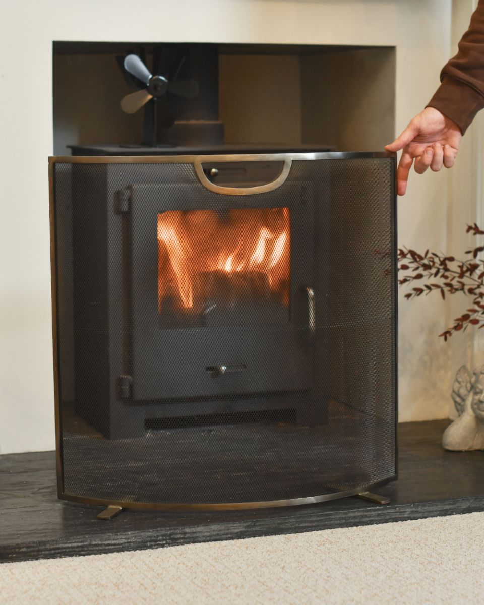 Modern Chrome "Kirby" Curved Fire Screen To Scale