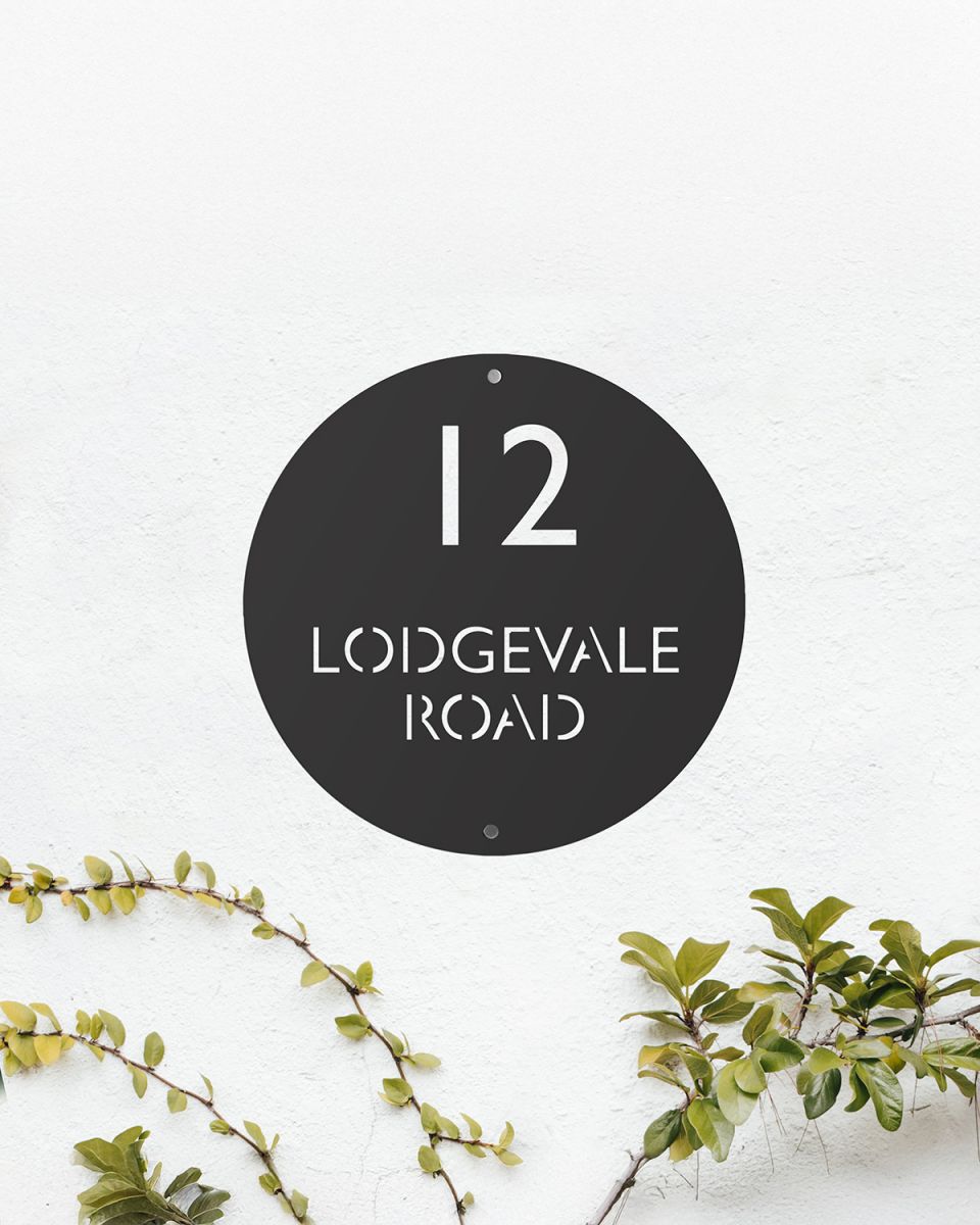 Modern Circular Steel House Sign Finished in Black