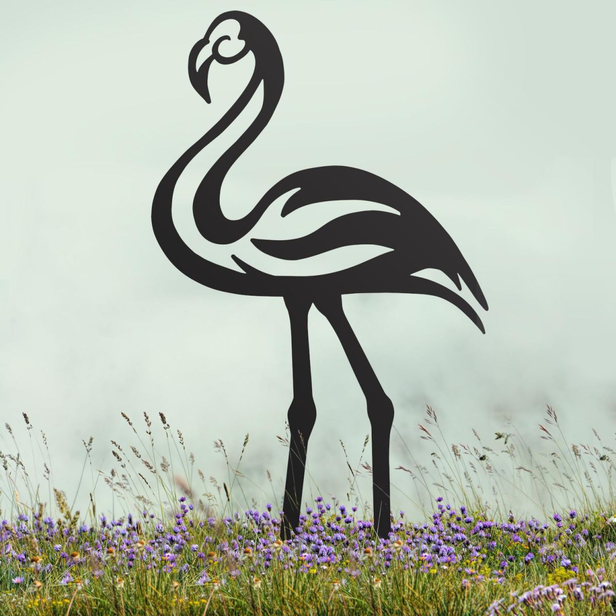 Modern Sheet Steel Flamingo Silhouette in Black Finish in Situ