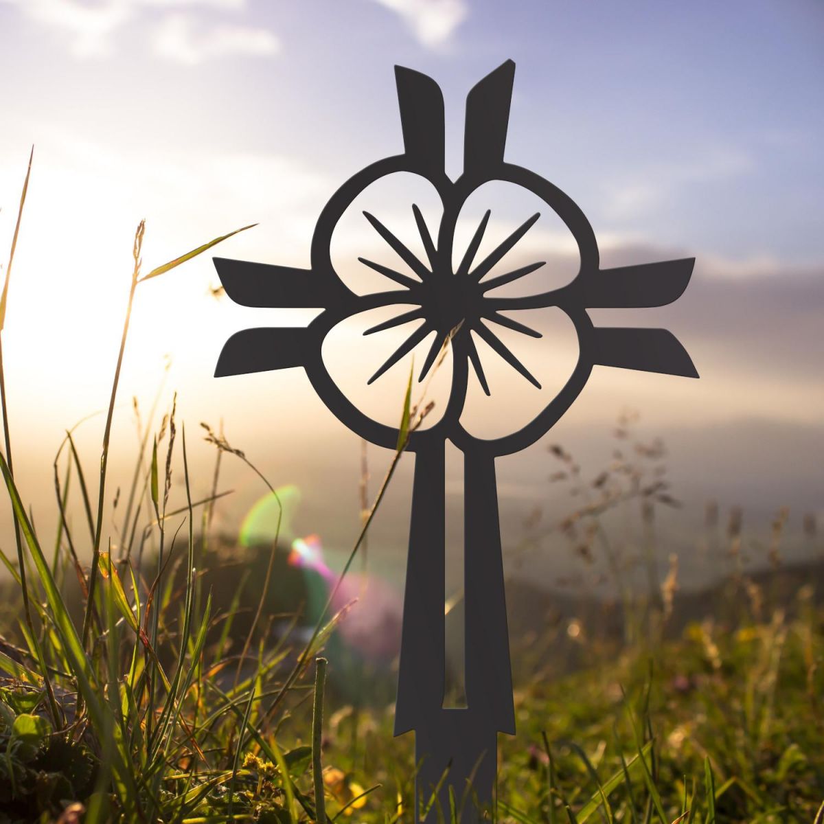 Modern Poppy Cross "Remembrance" Ground Spike in Black Finish in Situ
