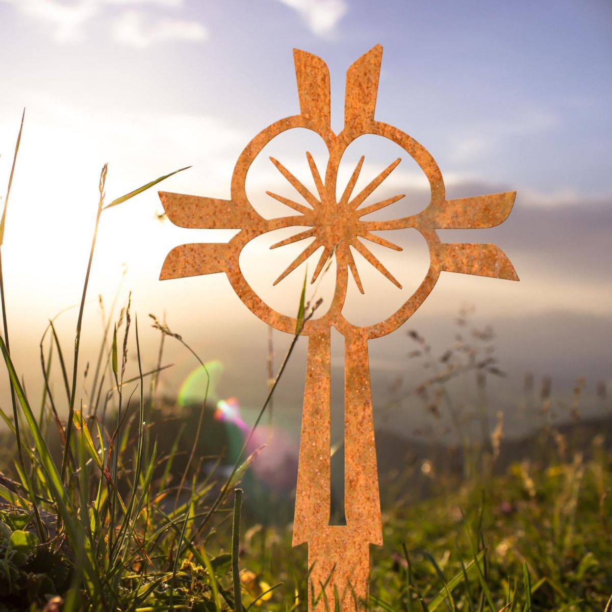 Modern Poppy Cross "Remembrance" Ground Spike in Rustic Finish in Situ