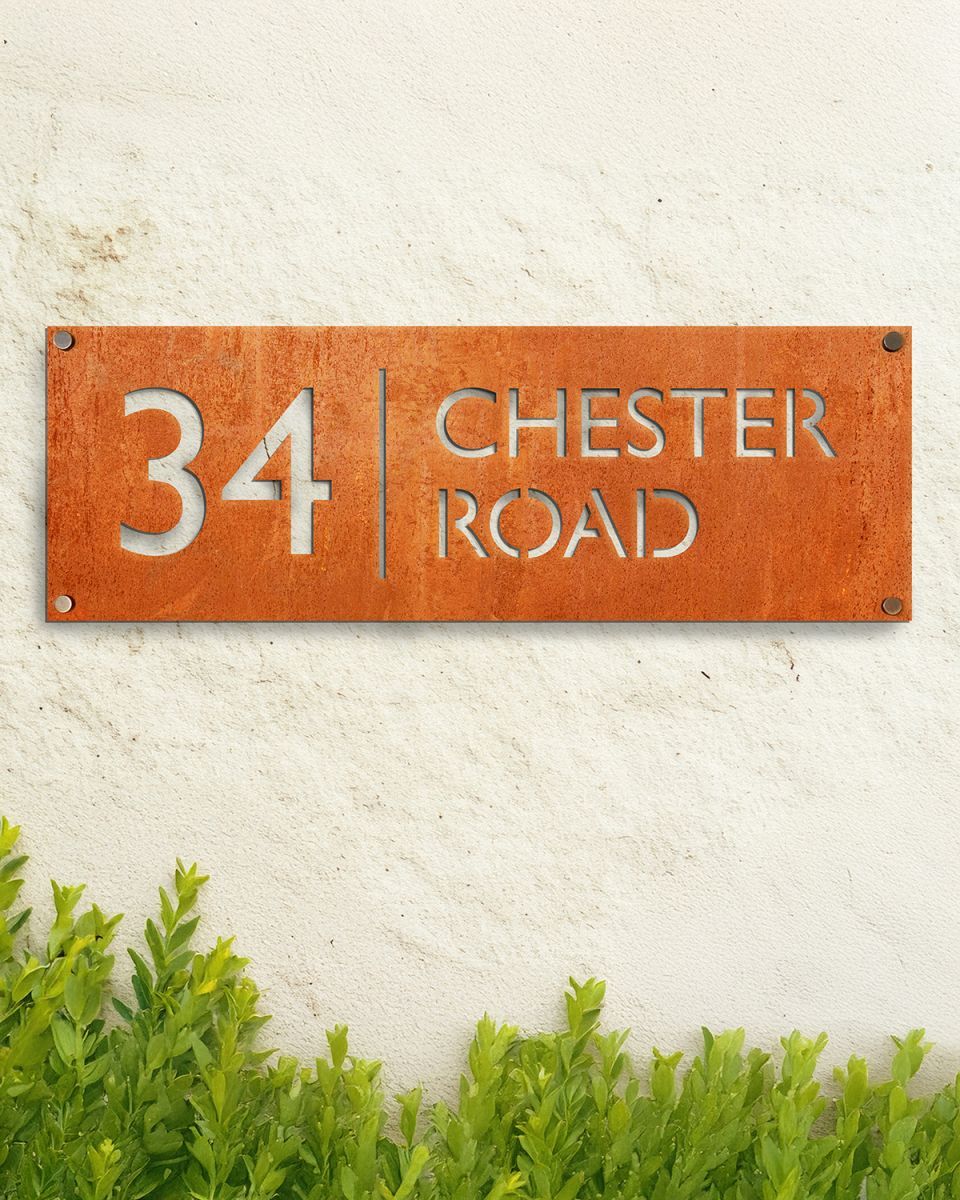 Corten Steel House Number Sign with Street Name