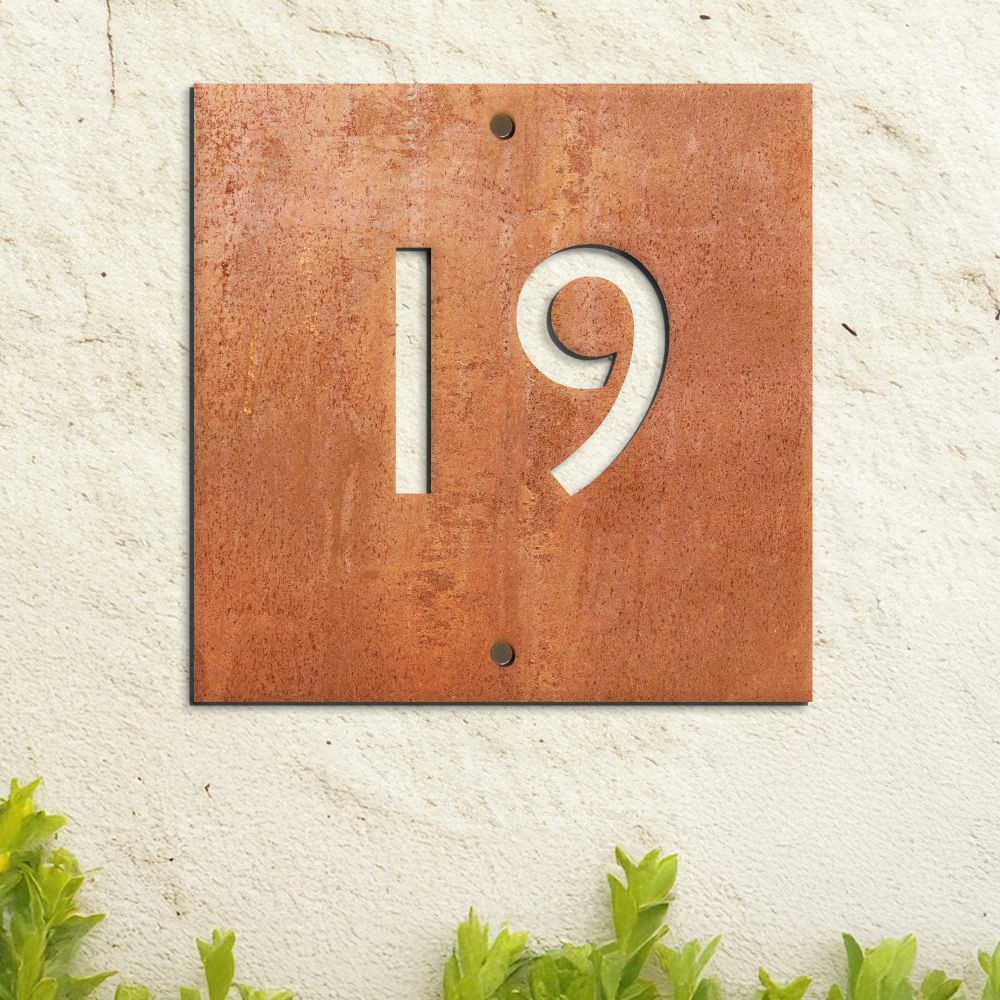 Modern Rustic Square House Number Sign on cream wall