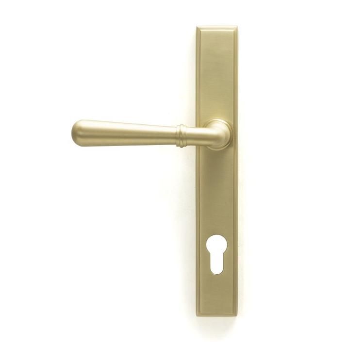 Modern Satin Brass Slim Espagnolette Door Handle & Lock Set