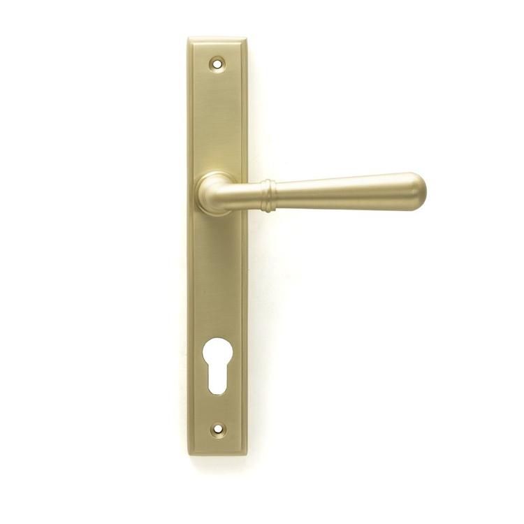 Modern Satin Brass Slim Espagnolette Door Handle & Lock Set in Situ