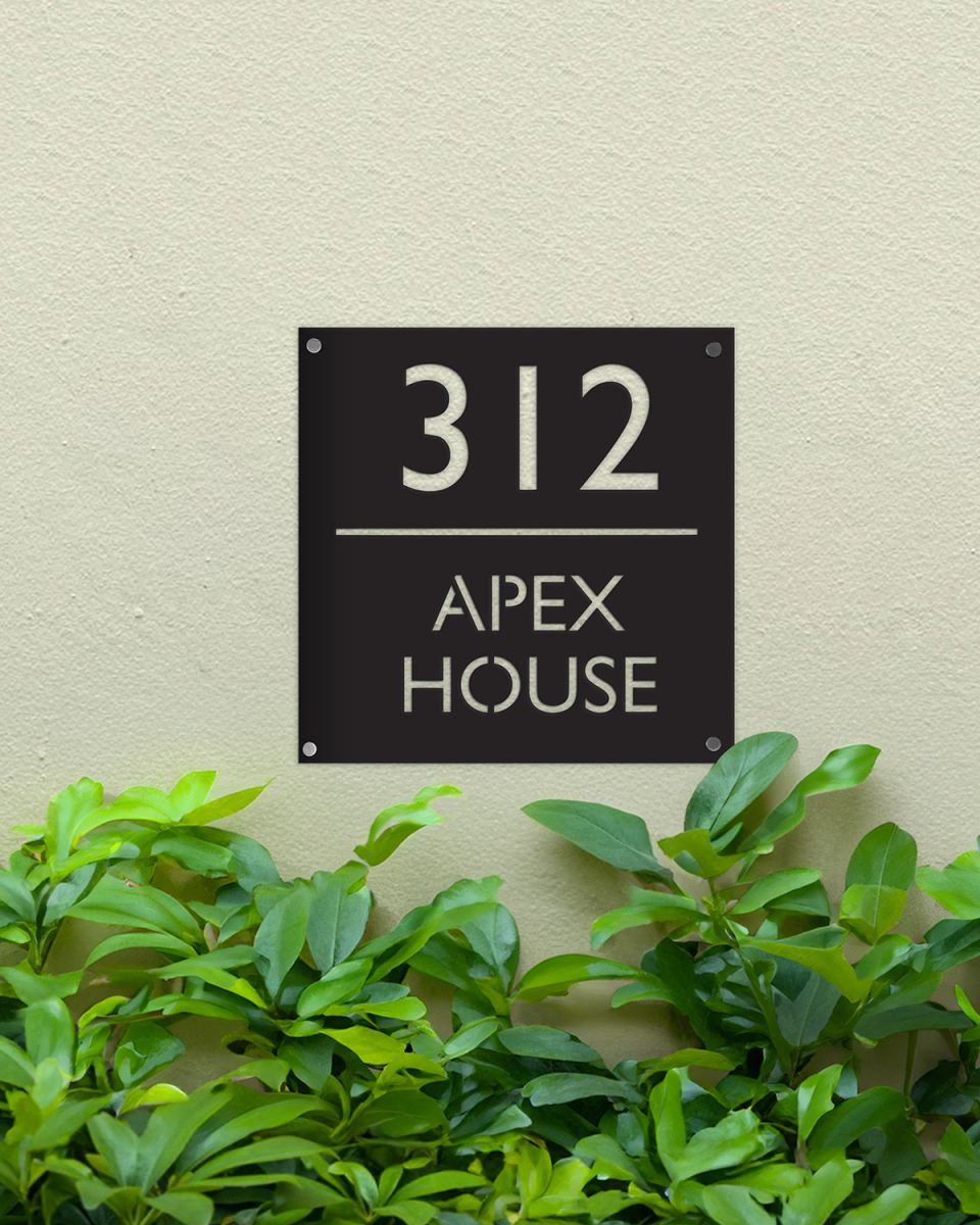 Steel Square House Number Sign in Situ on a Green Painted House Wall 