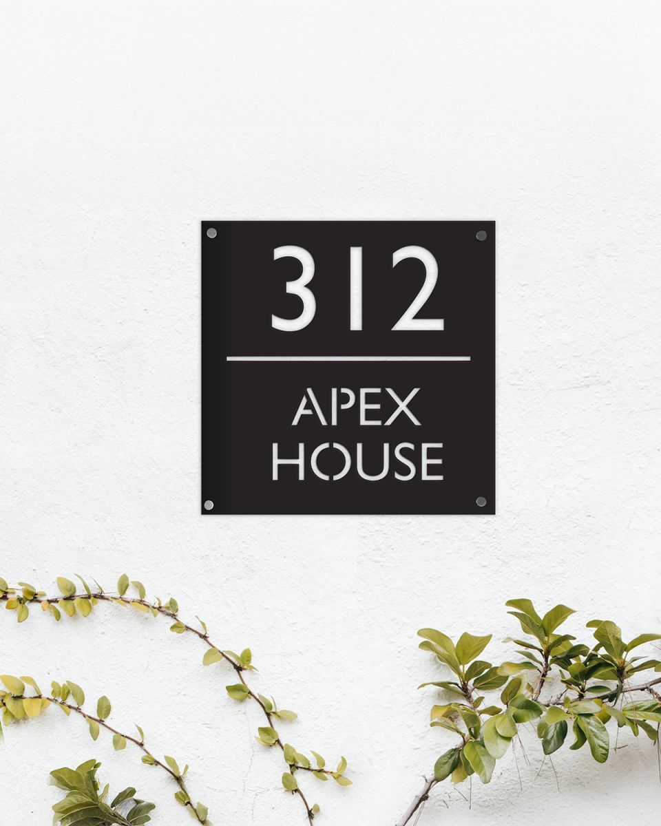 Modern Square Steel House Number Sign in Situ Mounted onto a White Wall