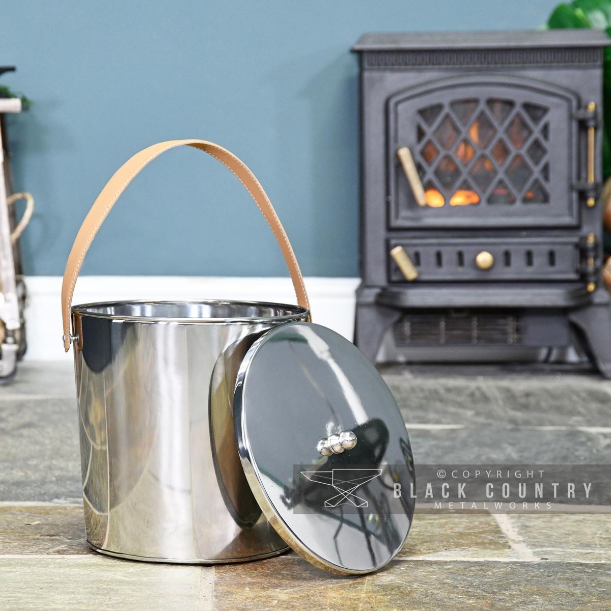 Modern Stainless Steel Ash Bucket in Situ Next to the Fire Place