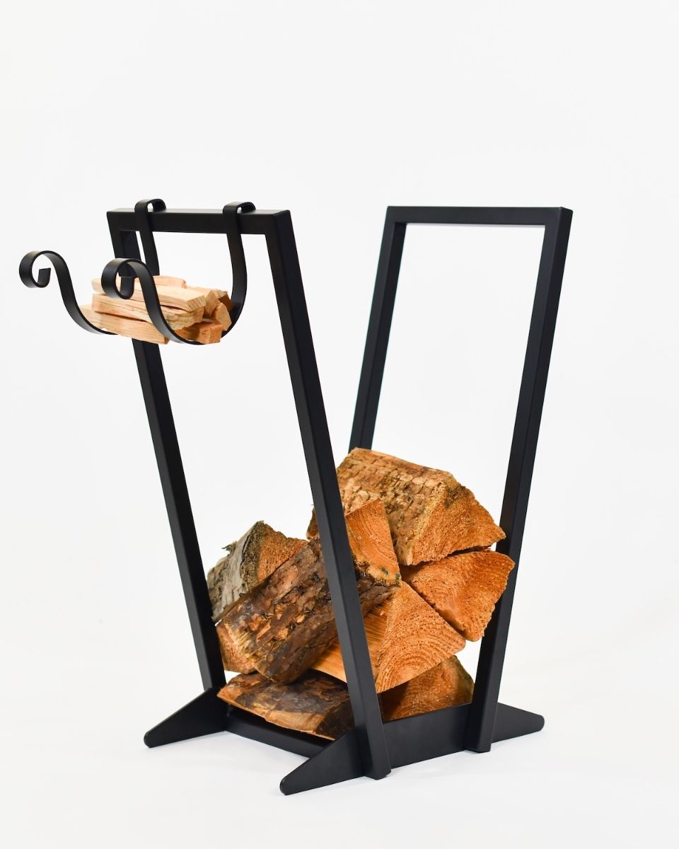 Modern V-Shaped Open Surround Log Holder and Kindling Cradle side view