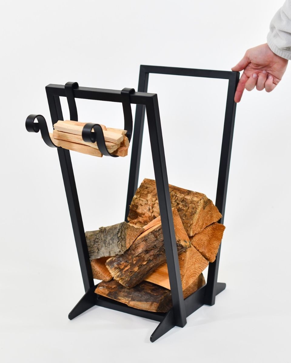 Modern V-Shaped Open Surround Log Holder and Kindling Cradle to scale