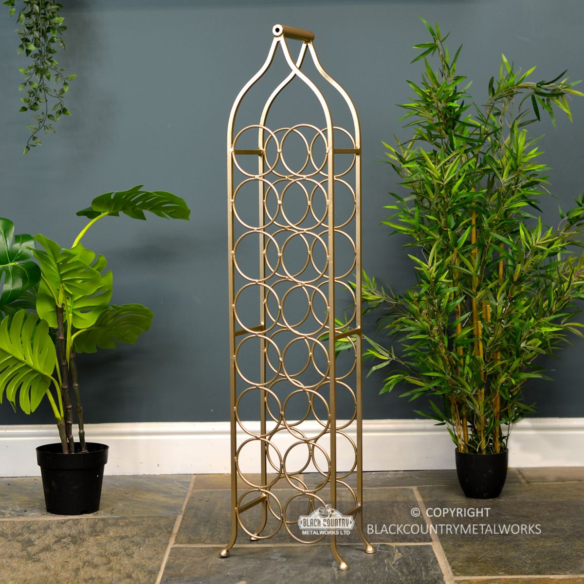 "Monticello" Double Row Wine Rack Finished in an Antique Gold Finish