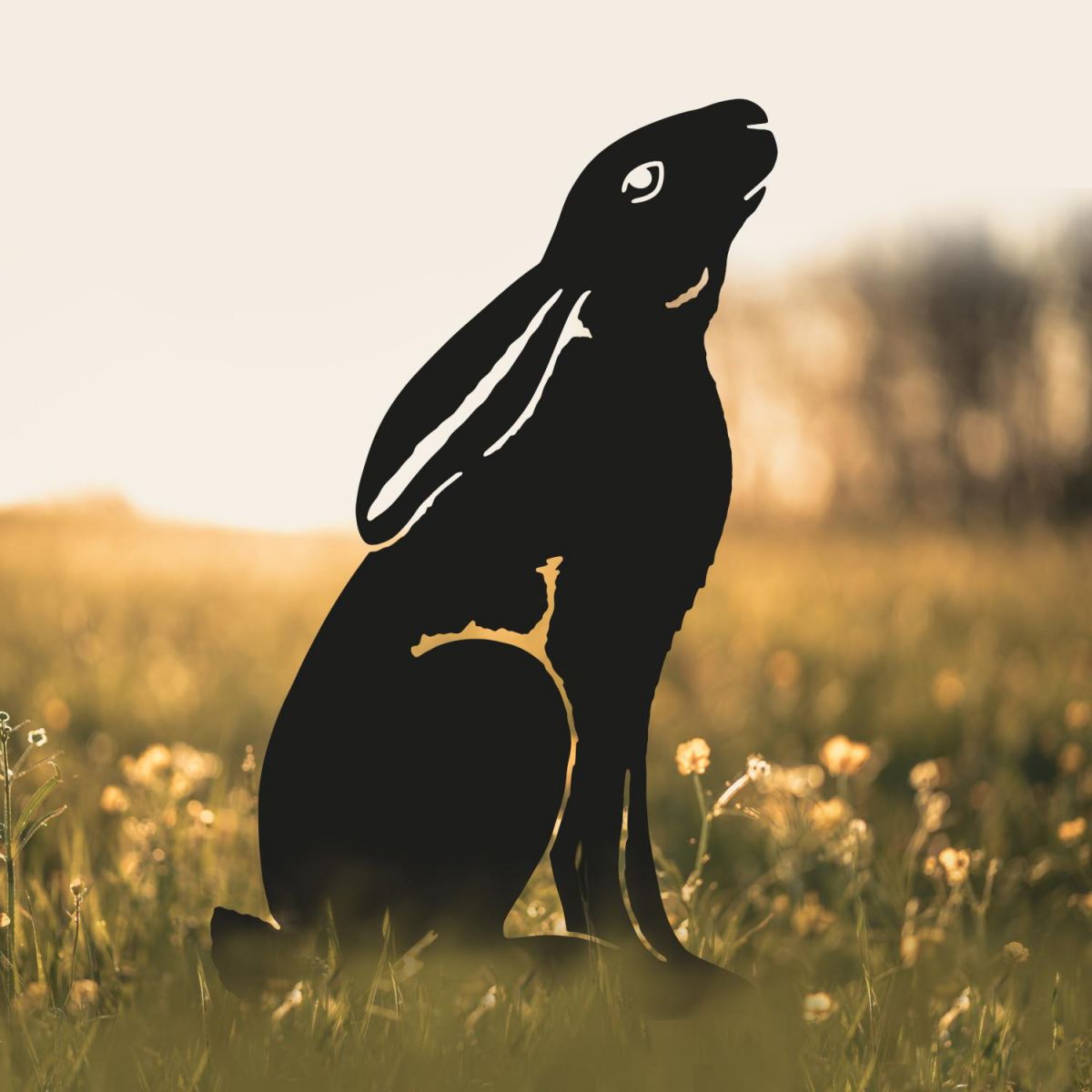 Moon Gazing Hare Sheet Steel Silhouette in Black Finish in Situ