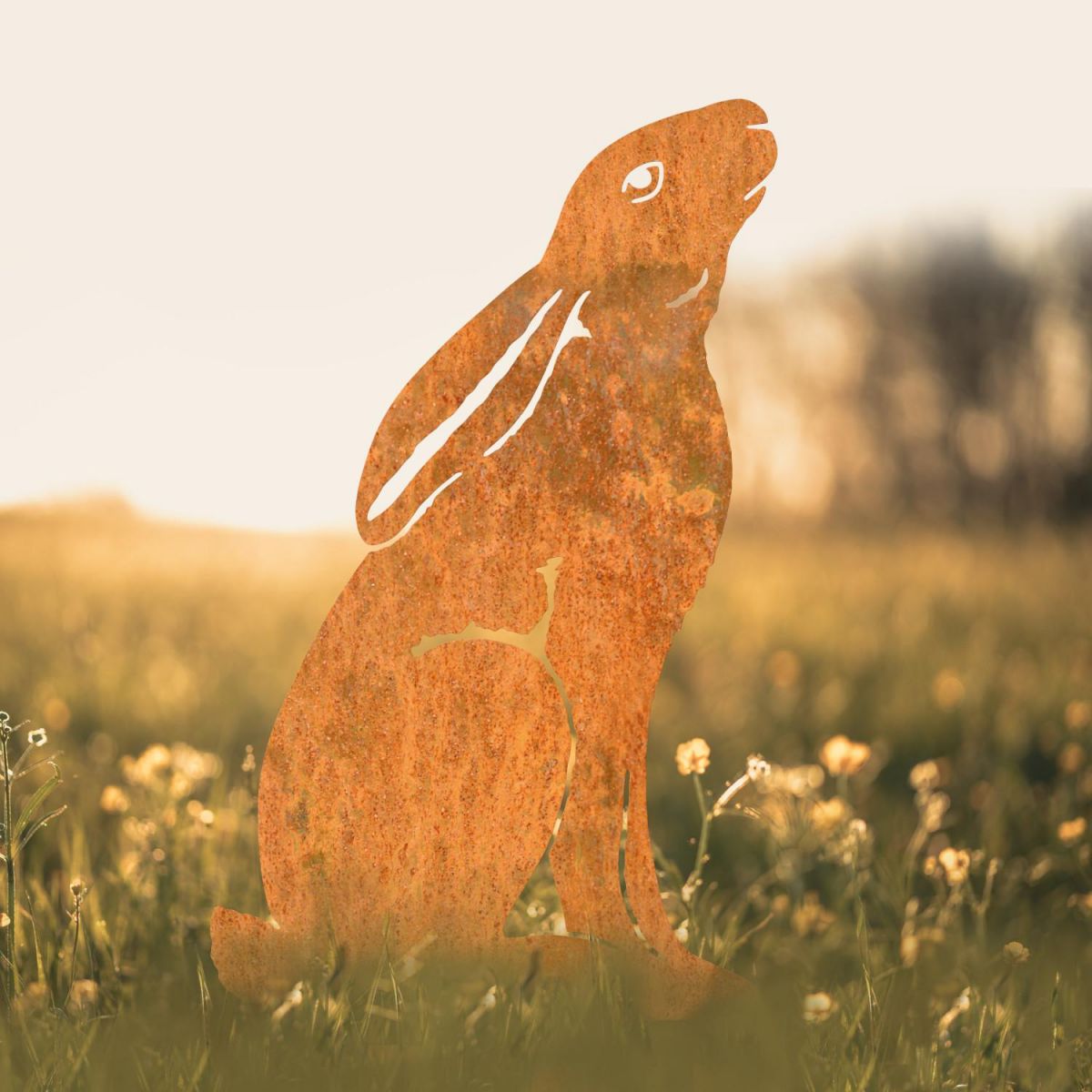 Moon Gazing Hare Sheet Steel Silhouette in Rustic Finish Moon Gazing Hare Sheet Steel Silhouette in Rustic Finish