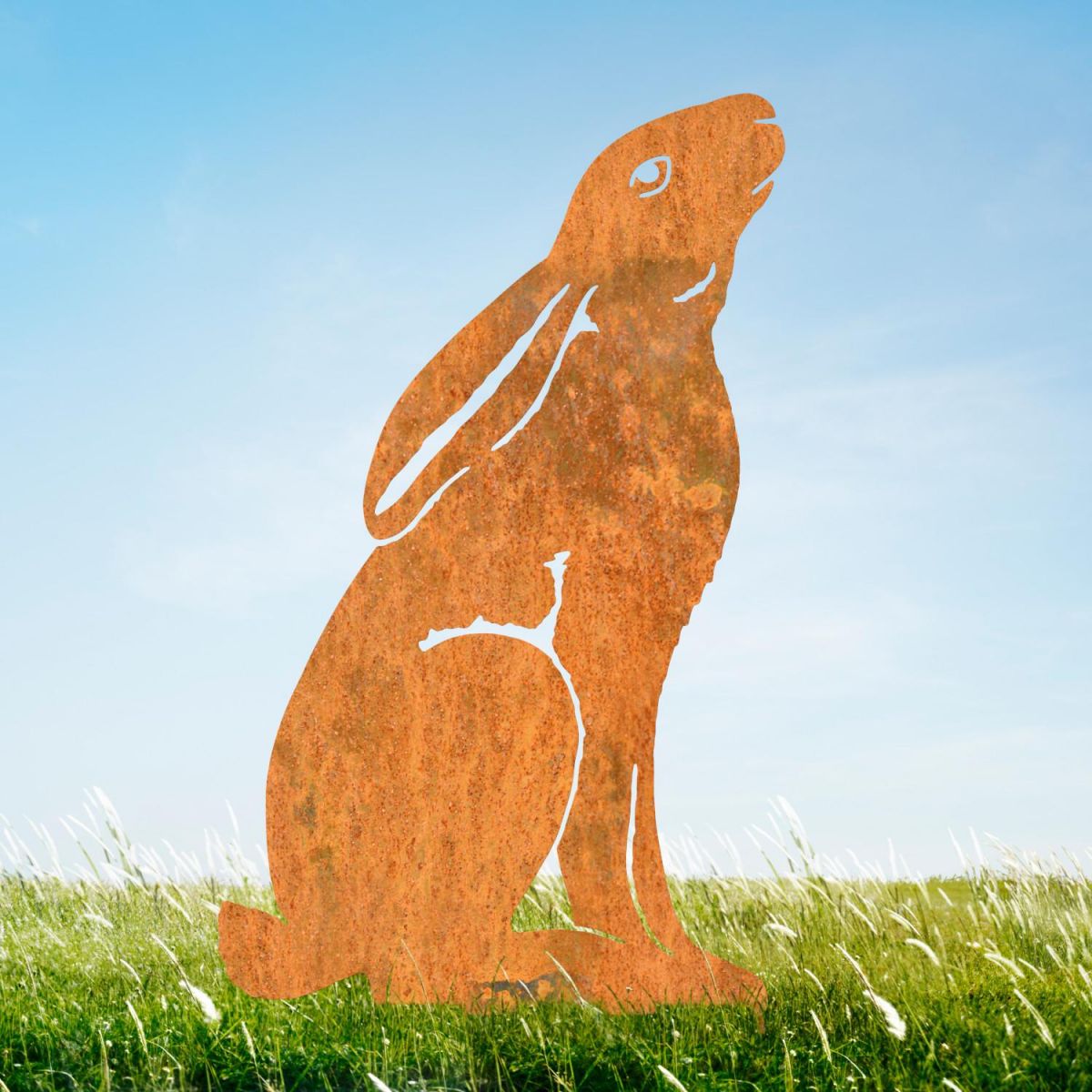 Moon Gazing Hare Sheet Steel Silhouette in Rustic Finish in Situ Moon Gazing Hare Sheet Steel Silhouette in Rustic Finish in Situ