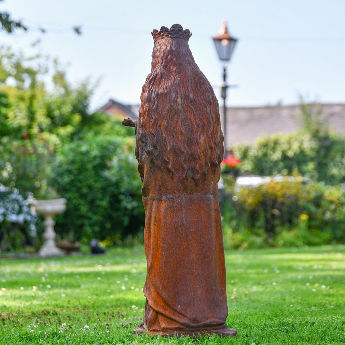 View of the Back of the Mother Mary Holding Baby Cast Iron Sculpture 