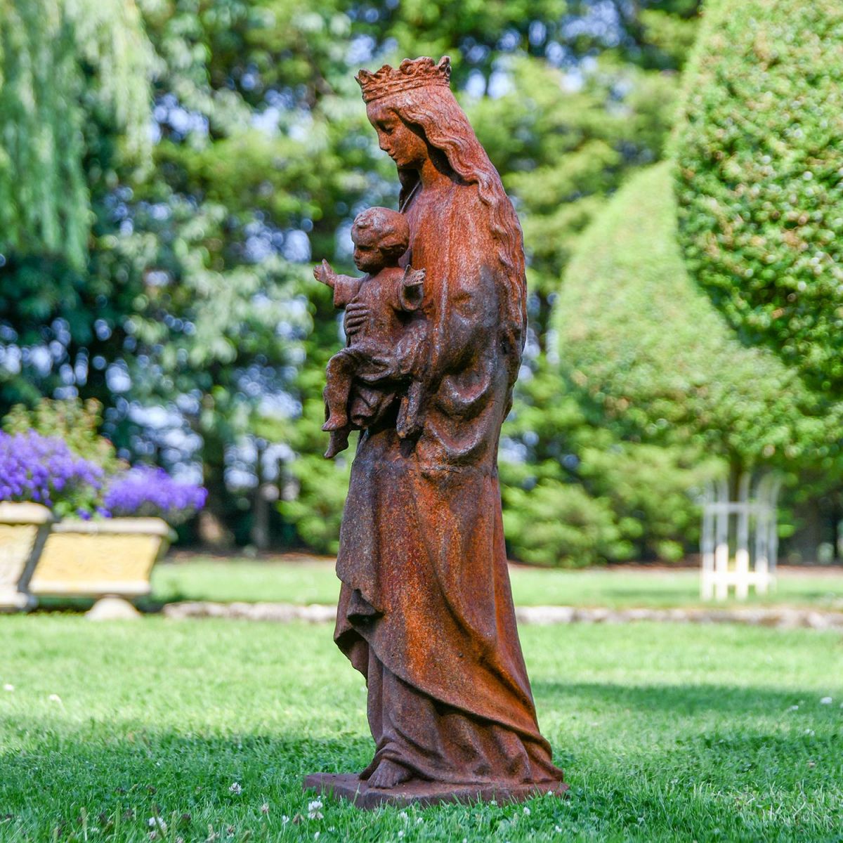 Mother Mary Holding Baby Cast Iron Sculpture in Situ