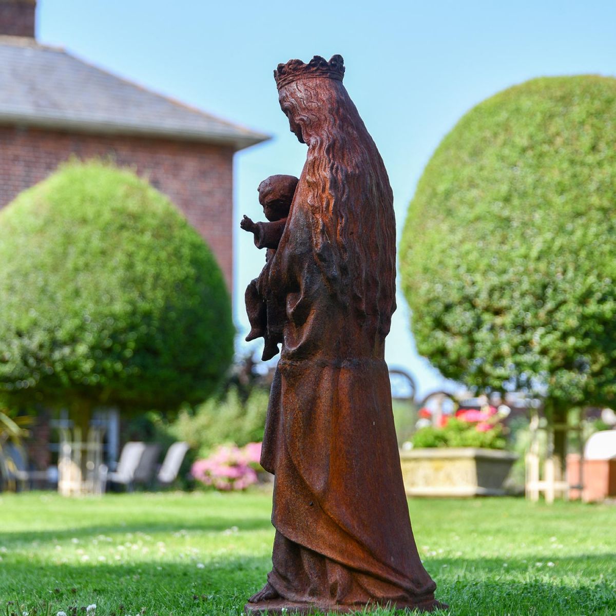Side View of the Mother Mary Holding Baby Cast Iron Sculpture 