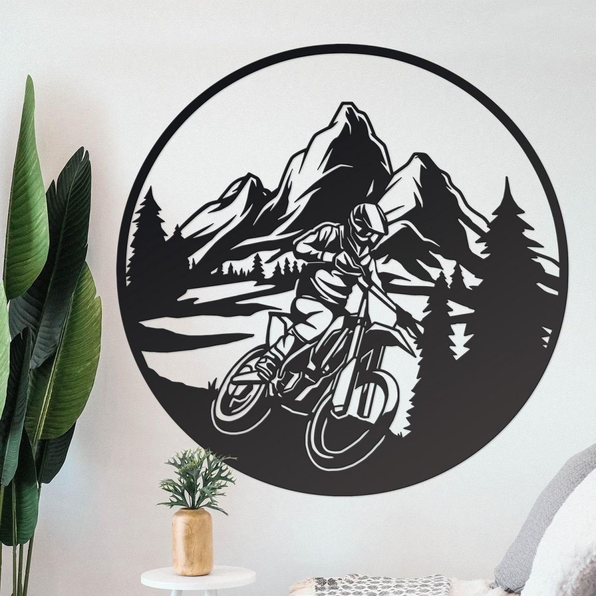 Circular Black Wall Art with Motorcross Design 