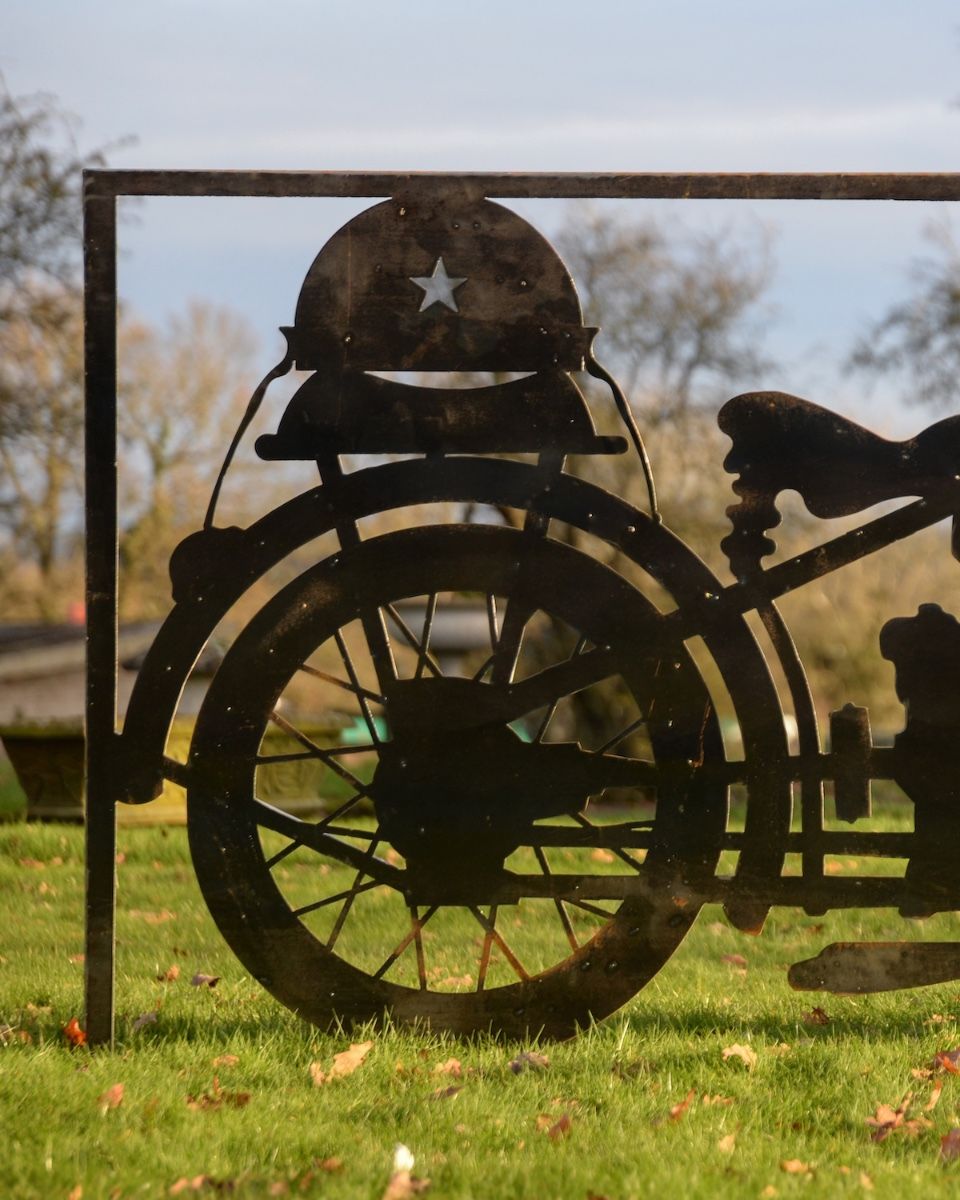 ‘Frontline’ Rustic Wall Art of a Vintage Motorbike close up of rear wheel and helmet