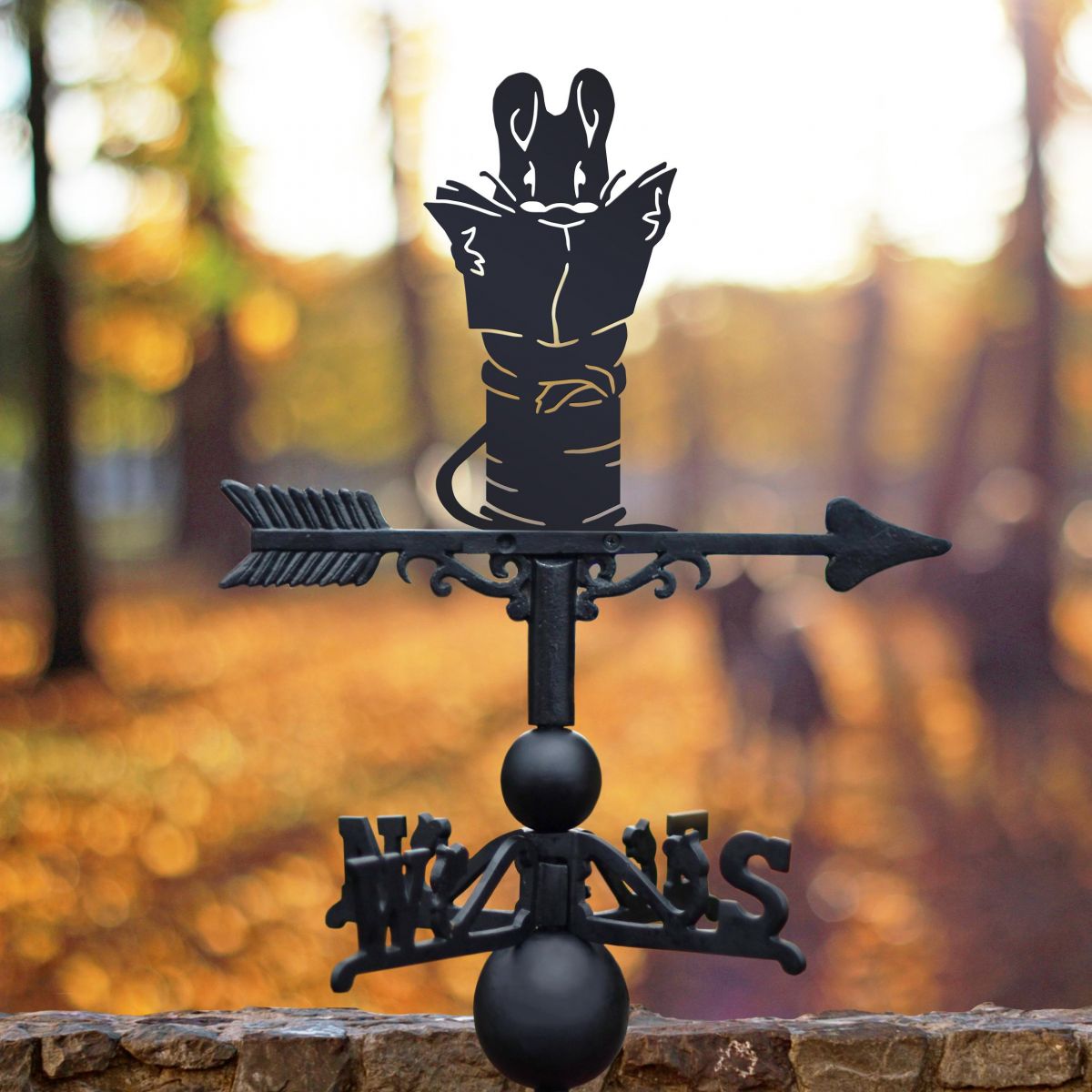 Mouse on Cotton Reel Weathervane in Situ in a Woodland Setting