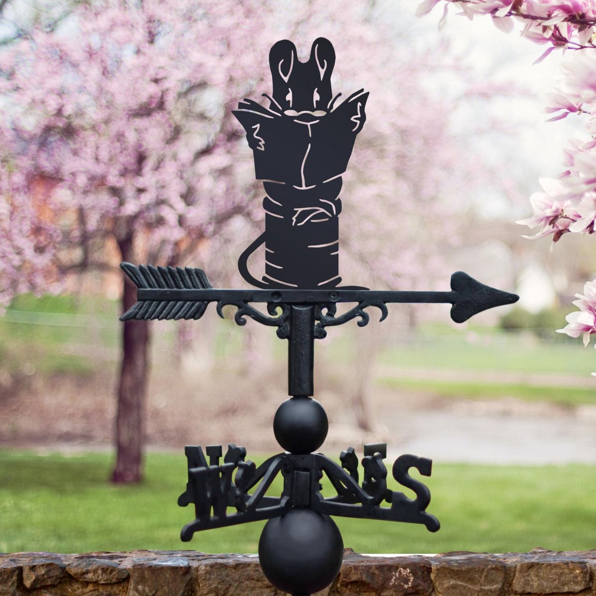 Mouse on Cotton Reel Weathervane in Situ in Blossom Trees