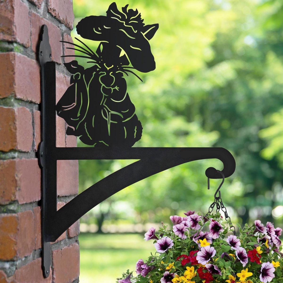 Mr Bunny Iron Hanging Basket Bracket in Garden with Basket 