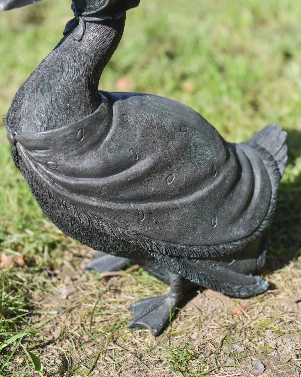 Close up of clothes detail on garden duck sculpture Close up of clothes detail on garden duck sculpture