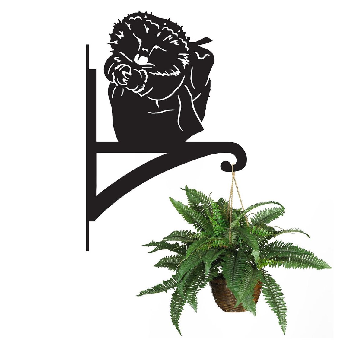 Mrs Hedgehog Iron Hanging Basket Bracket Holding a Flower Basket