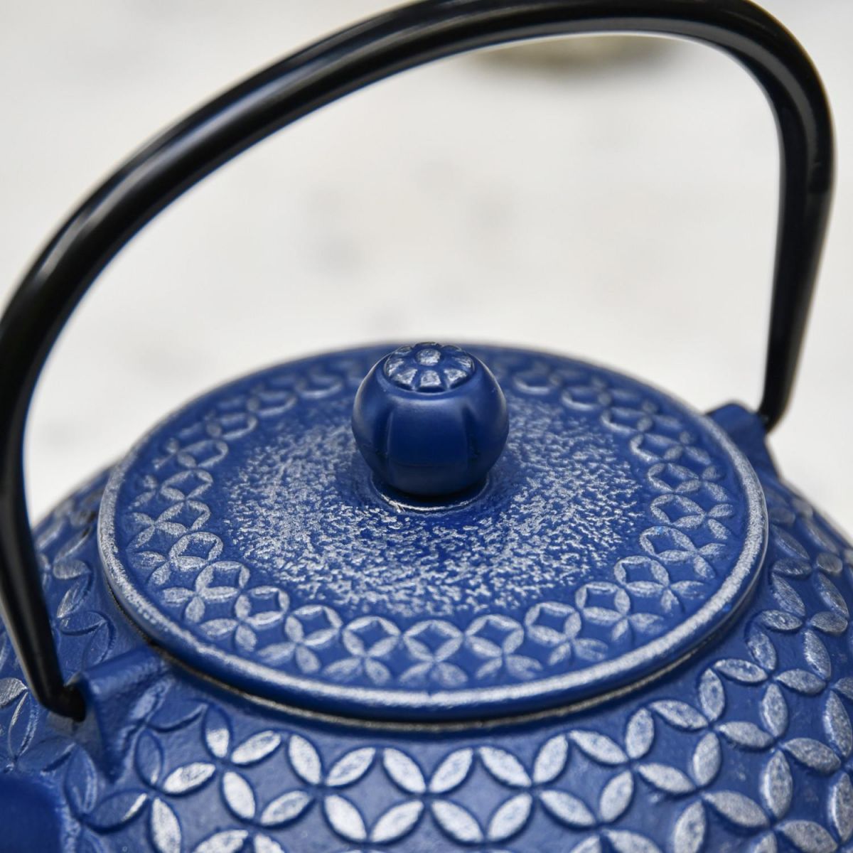 "Mulberry" Blue Cast Iron Teapot with Handle Up in Situ
