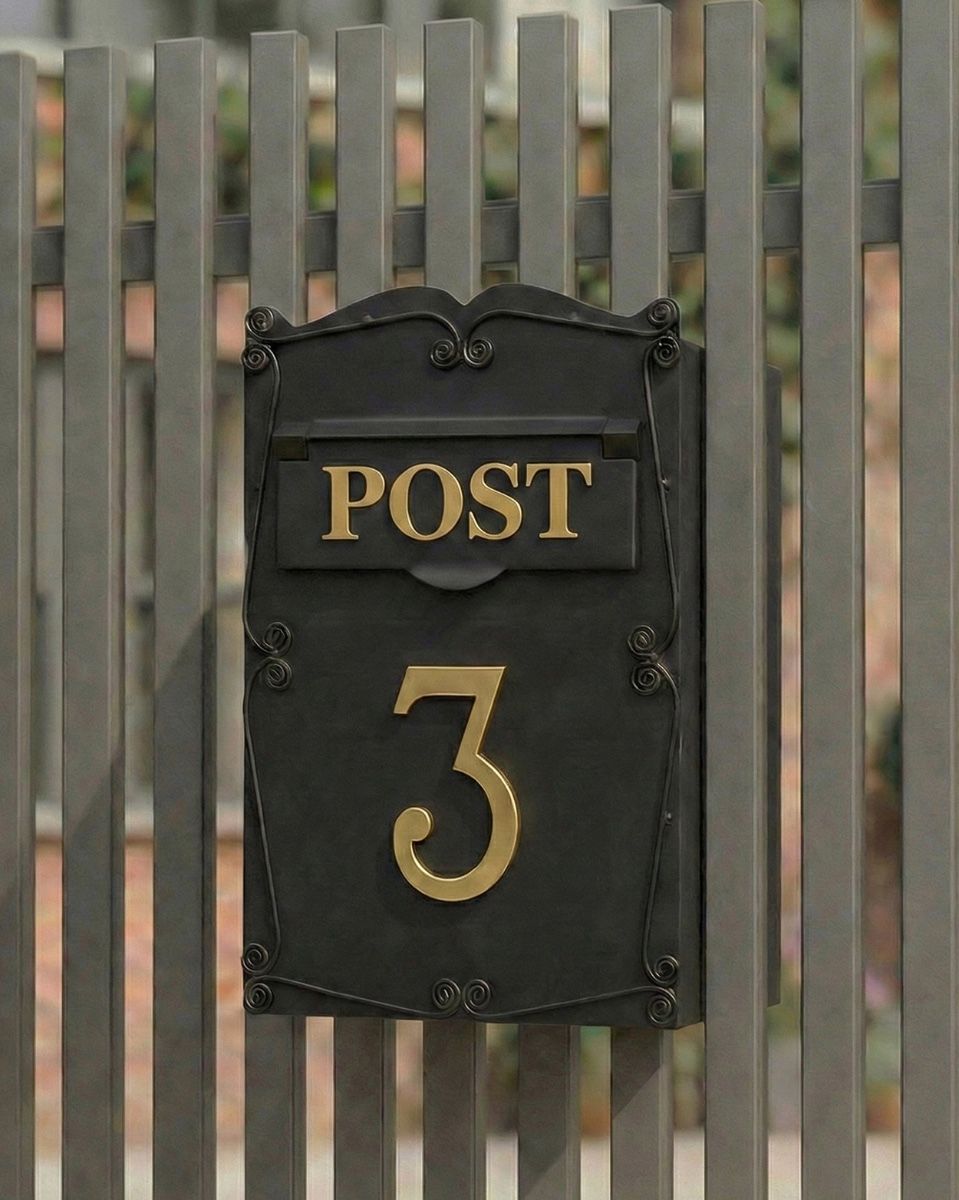 mulrose-post-box-on-gate-with-brass-numbers_1 installed on a gate