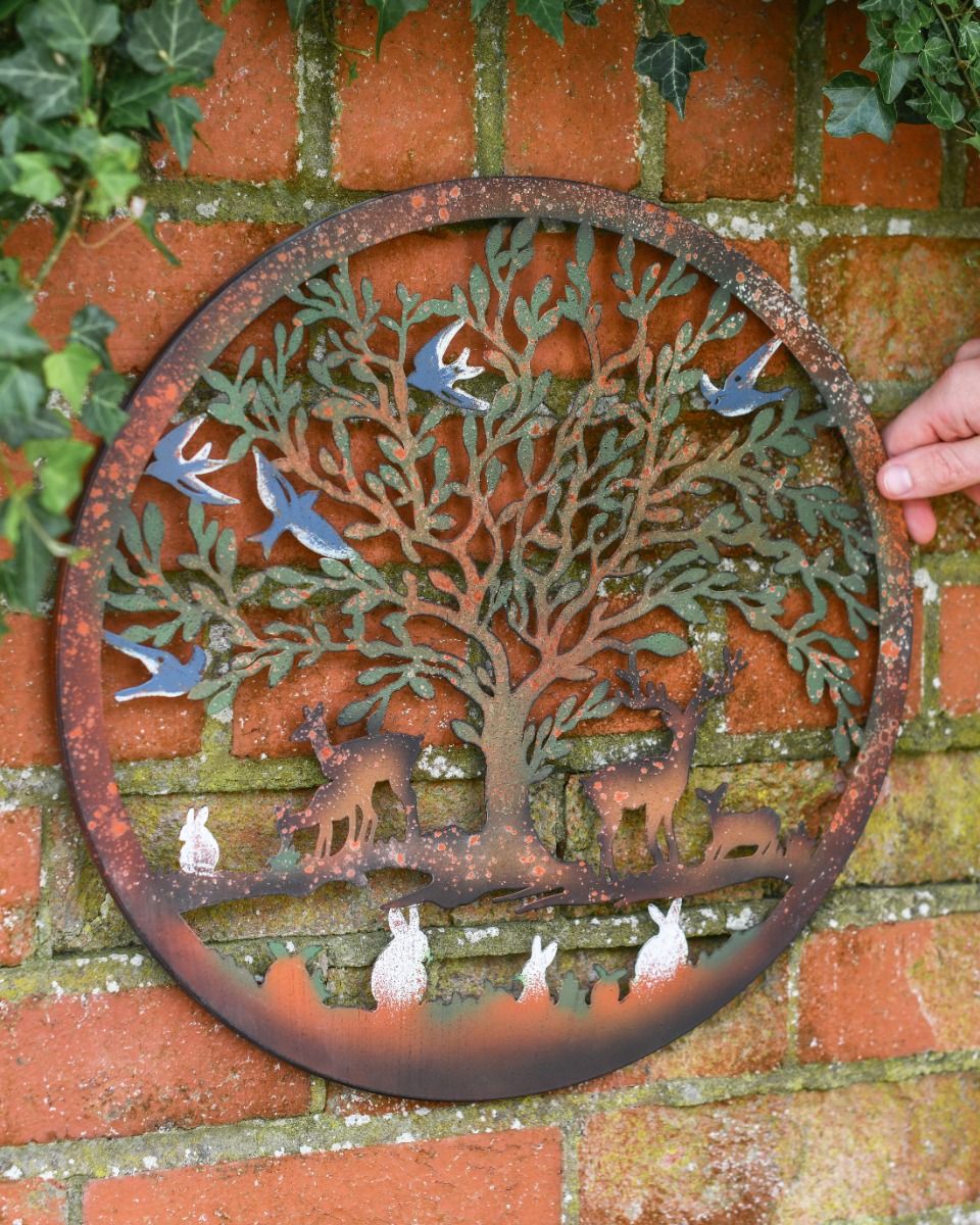 Multi-Coloured Circular "Floral Tree and Stags" Garden Wall Art - 40cm