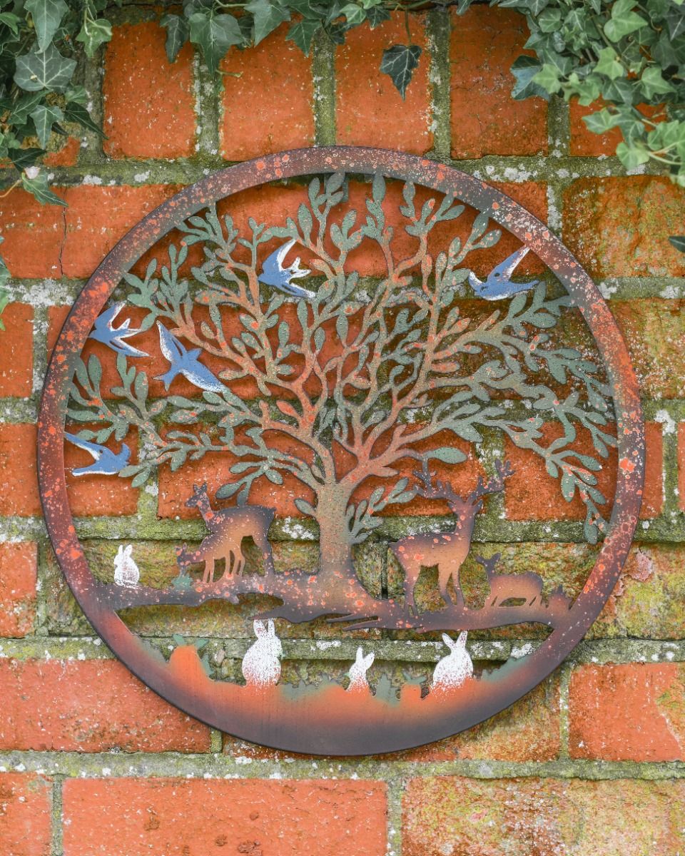 Multi-Coloured Circular "Floral Tree and Stags" Garden Wall Art - 40cm