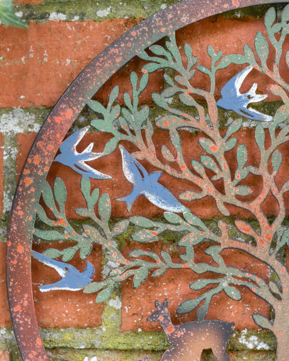 Multi-Coloured Circular "Floral Tree and Stags" Garden Wall Art - 40cm