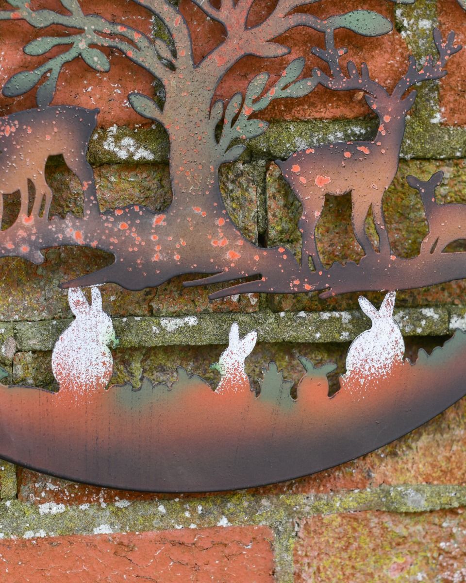 Multi-Coloured Circular "Floral Tree and Stags" Garden Wall Art - 40cm