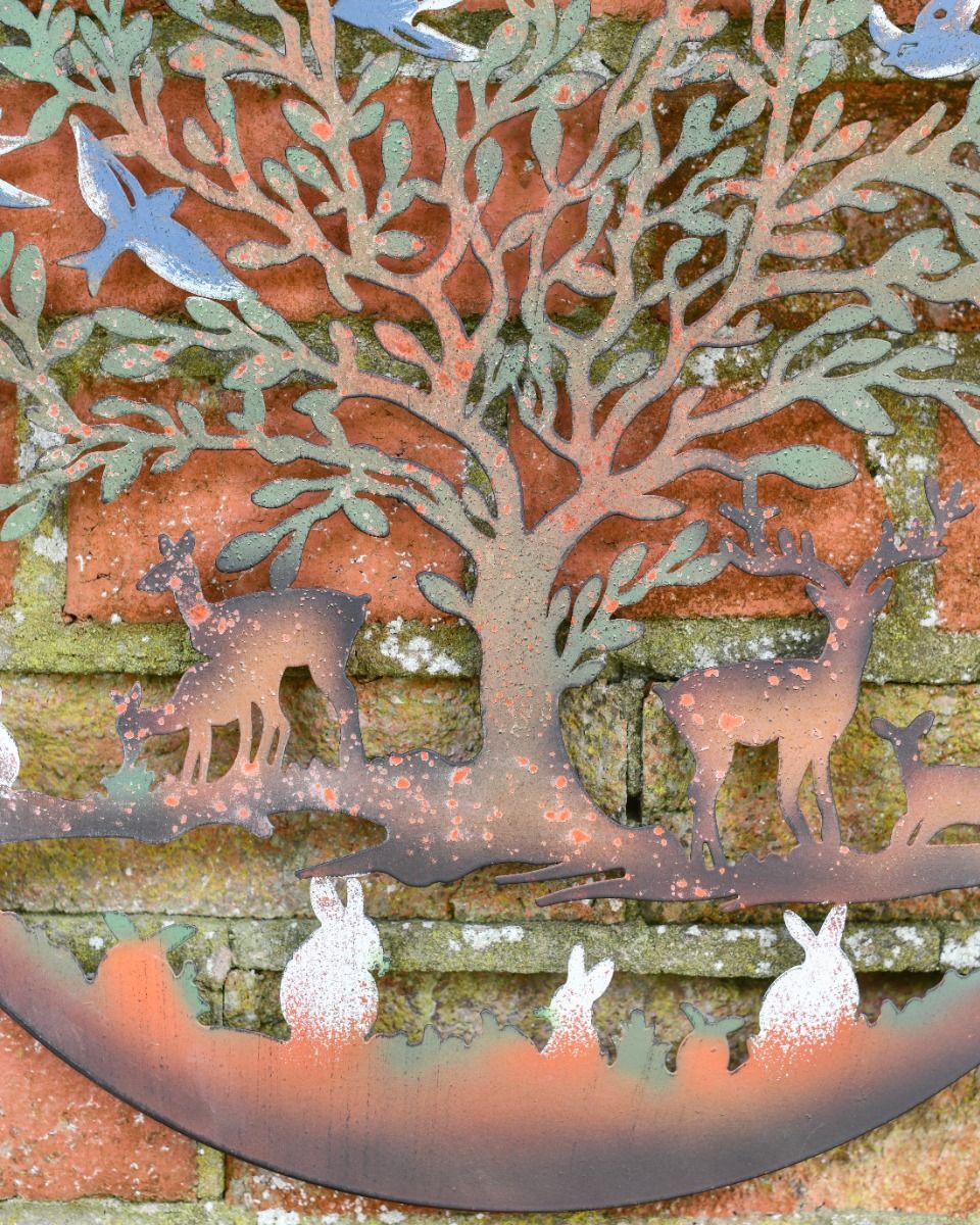 Multi-Coloured Circular "Floral Tree and Stags" Garden Wall Art - 40cm